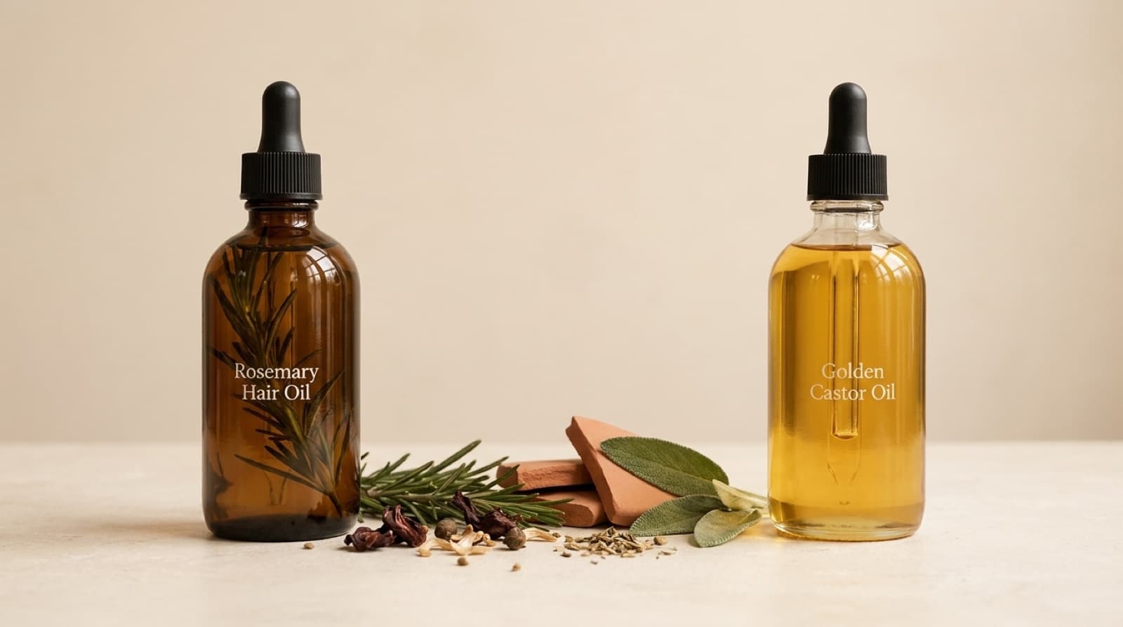 Rosemary oil vs castor oil for hair — two amber dropper bottles side by side with rosemary and seeds