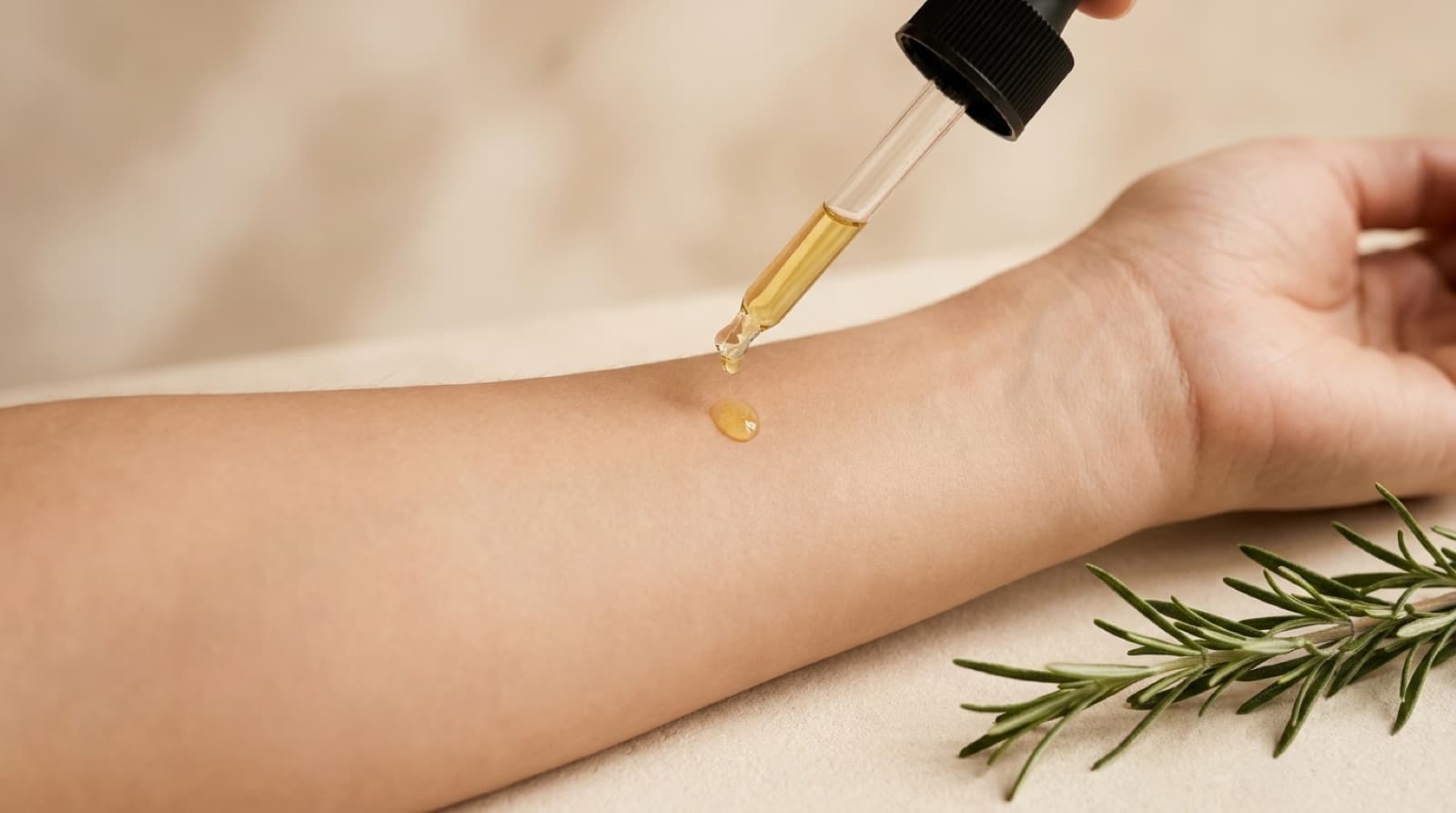Rosemary oil patch test on the forearm to check for side effects before applying to the scalp